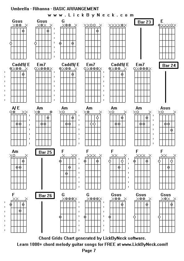 Chord Grids Chart of chord melody fingerstyle guitar song-Umbrella - Rihanna - BASIC ARRANGEMENT,generated by LickByNeck software.